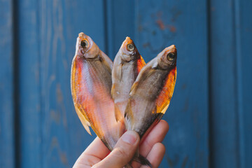 dried fish on a blue background, beer snack