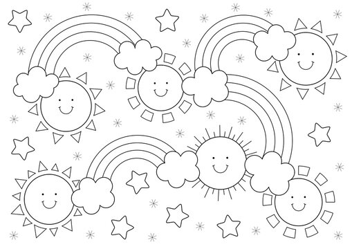 Rainbow, Clouds And Sun Coloring Page For Kids. Black And White Cartoon Design That You Can Print On A4 Size Paper