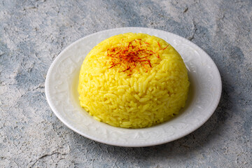 A plate of saffron rice pilaf (Turkish name; safranli pilav)