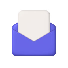 New message 3d icon. Purple open mail envelope with sheet of paper. 3d realistic vector design element.