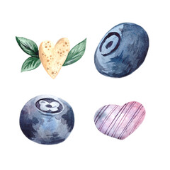 Watercolor set of illustrations with blueberries and hearts.