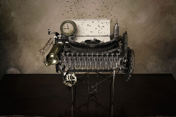 vecchia macchina da scrivere vintage retrò sul tavolo di legno ,con fogli, laser rotelle, letterine, cappello, e lente di luce