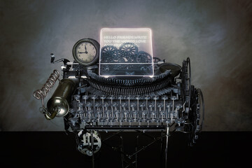 vecchia macchina da scrivere vintage retrò sul tavolo di legno ,con fogli, laser rotelle, letterine, cappello, e lente di luce