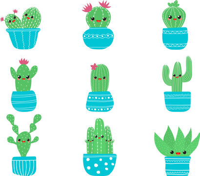 Hand drawn cacti set. Cute succulent character . Vector flat illustration
