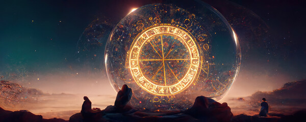 Backdrop of sacred zodiac symbols, astrology, alchemy, magic, sorcery and fortune telling. AI-generated digital painting.