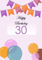 30th Happy birthday card with blue brown yellow balloons and flags on pale pink background 