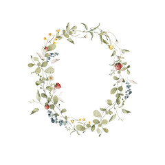 Watercolor floral wreath. Hand painted frame of greenery, wildflowers, herbs, strawberry, berries. Green leaves, field flowers isolated on white background. Botanical border for design, print