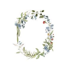 Watercolor floral wreath. Hand painted frame of greenery, wildflowers, herbs, strawberry, berries. Green leaves, field flowers isolated on white background. Botanical border for design, print