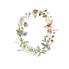 Watercolor floral wreath. Hand painted frame of greenery, wildflowers, herbs, strawberry, berries. Green leaves, field flowers isolated on white background. Botanical border for design, print