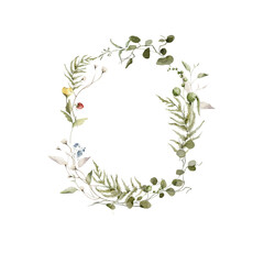 Watercolor floral wreath. Hand painted frame of greenery, wildflowers, herbs, strawberry, berries. Green leaves, field flowers isolated on white background. Botanical border for design, print