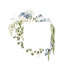 Fototapeta premium Watercolor floral wreath. Hand painted frame of greenery, wildflowers, herbs, strawberry, berries. Green leaves, field flowers isolated on white background. Botanical border for design, print