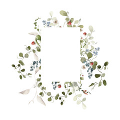 Watercolor floral wreath. Hand painted frame of greenery, wildflowers, herbs, strawberry, berries. Green leaves, field flowers isolated on white background. Botanical border for design, print