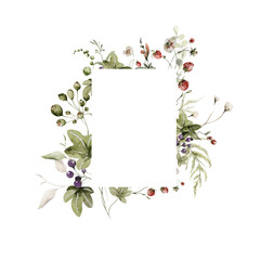 Watercolor floral wreath. Hand painted frame of greenery, wildflowers, herbs, strawberry, berries. Green leaves, field flowers isolated on white background. Botanical border for design, print