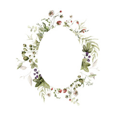 Watercolor floral wreath. Hand painted frame of greenery, wildflowers, herbs, strawberry, berries. Green leaves, field flowers isolated on white background. Botanical border for design, print