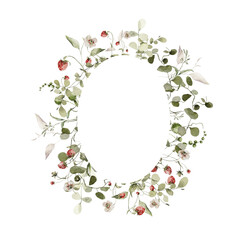 Watercolor floral wreath. Hand painted frame of greenery, wildflowers, herbs, strawberry, berries. Green leaves, field flowers isolated on white background. Botanical border for design, print
