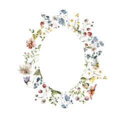 Watercolor floral wreath. Hand painted frame of greenery, wildflowers, herbs, strawberry, berries. Green leaves, field flowers isolated on white background. Botanical border for design, print
