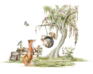 Watercolor nursery woodland story with character. Hand painted cute baby animals in wild, forest summer landscape, tree, fox, bunny, rabbit. illustration for baby shower, kids print, wall art © 60seconds