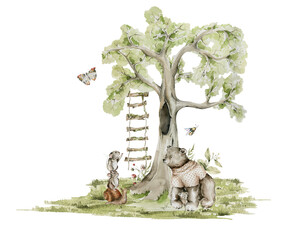 Watercolor nursery woodland composition with character. Hand painted cute baby animals in wild, forest summer landscape, tree, bear, mouse. illustration for baby shower, kids print, wall art © 60seconds