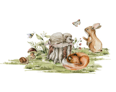 Watercolor nursery woodland composition with character. Hand painted cute baby animals in wild, forest summer landscape, tree, fox, bunny, hedgehog. illustration for baby shower, kids print, wall art © 60seconds