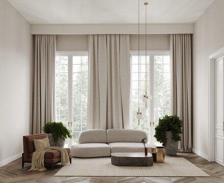 Classic minimalist living room with a grey sofa, brown armchair and forest view from the panoramic windows. Braided carpet on wooden parguet, golden coffee table, plants in a stone pots