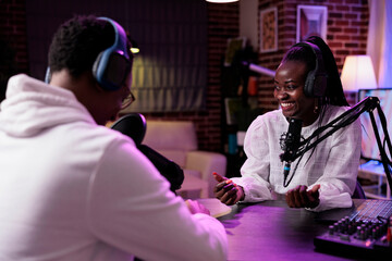 Happy content creators talking on lifestyle podcast to create social media content for audience....
