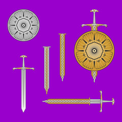 Concept art of ancient weapons. Vector template. Sword and shield.