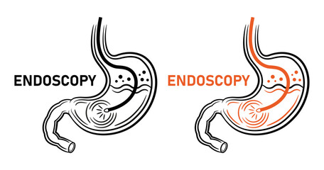 Obraz premium Endoscopy stomach, endoscope, gastroscopy gastrointestinal medical diagnostic line icon. Gastroenterology equipment. Gastritis, gastric, duodenum ulcer. Digestive intestinal tract examination. Vector