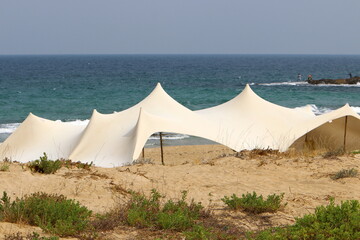 Tourist tent on the Mediterranean coast.