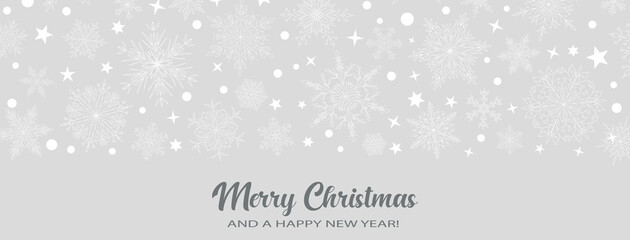 Illustration with complex big and small Christmas snowflakes in gray colors with inscription Merry Christmas. Winter background with falling snow