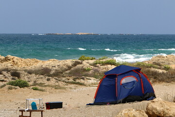 Tourist tent on the Mediterranean coast.