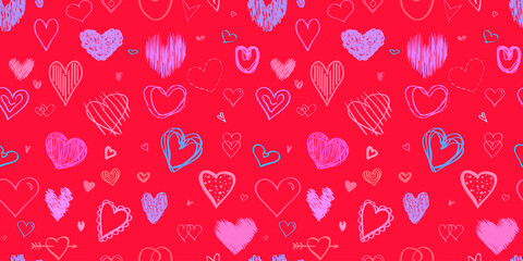 Hand drawn background with hearts. Seamless grungy wallpaper on surface. Chaotic texture with many love signs. Lovely pattern. Line art. Print for banner, flyer or poster. Colorful illustration