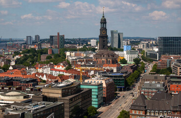 Fototapeta na wymiar Hamburg, Germany, June 11th 2022. Aerial view from the church of St. Nikolai