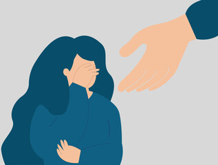 A hand helps a woman to get rid of stress and depression. Sad girl needs support, and care due to abuse and violence. A female teenage crying and covering her face. Mental health disorder concept.
