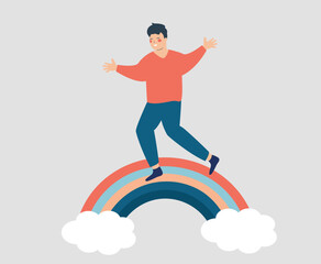 Happy man spreads positive vibes while walking or jogging on the rainbow with balance. Male character smiles and enjoys his freedom. Body and mental health, Psychological care, Lifestyle concept.
