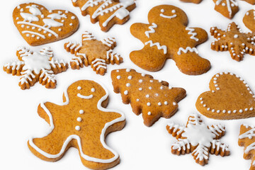 Christmas homemade gingerbread cookies, gingerbread man on the white background