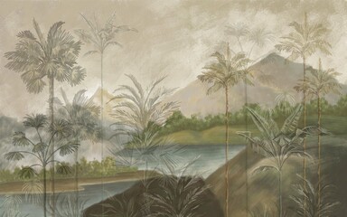 Tropical landscape wallpaper design with oil painting effect, lake and mountain, vintage view, palm and banana trees, mural art. - obrazy, fototapety, plakaty
