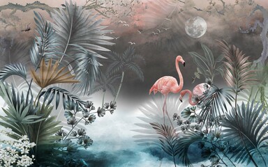 Flamingo and plants wallpaper design, tropical leaf, landscape, mural art. - obrazy, fototapety, plakaty