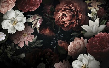 Rose wallpaper design with watercolor effect, pattern design, textile fabric, mural art.