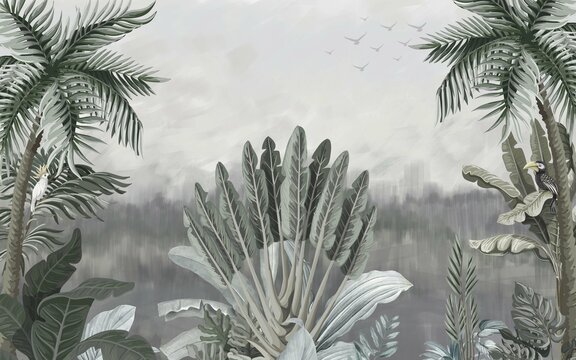 Tropical Landscape Wallpaper Design In Pastel Tones, Soft Color, Oil Painting Background, Palm And Banana Trees, Mural Art.