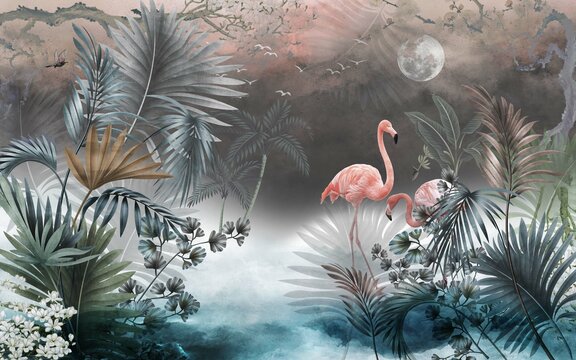Flamingo and plants wallpaper design, tropical leaf, landscape, mural art. © yyeah