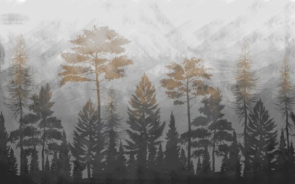 tree silhouettes forest view wallpaper design, landscape in the forest, oil painting, brush textured, pattern design, mural art.