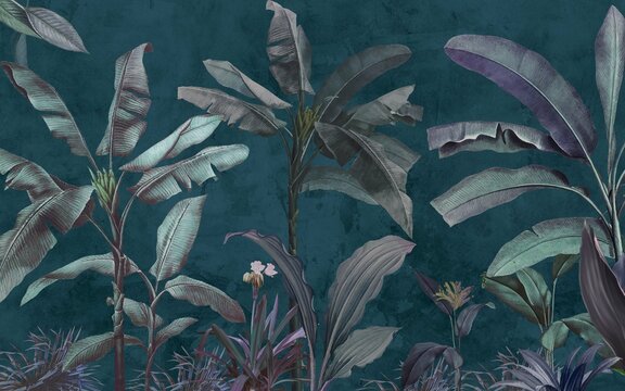 Tropical trees wallpaper design, banana trees and plants, dark background, pattern design, mural art. © yyeah