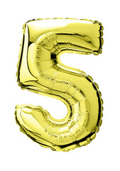 Number five in golden Mylar balloon isolated on transparent