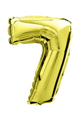 Number seven in golden Mylar balloon isolated on transparent