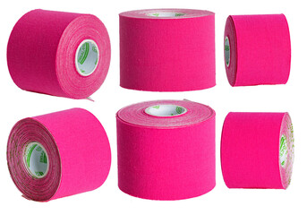 Sports tapes - tape patches for elastic facial skin, healthcare, alternative medicine, facial skin correction, pink color, isolate set - several different angles