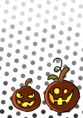 halloween pumpkin cartoon. Illustration pair of smiling halloween pumpkins on a gray dotted background.