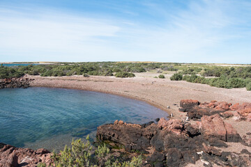 Panoramic view of the coast of Punta Tombo, Argentina. On the shore, some penguins