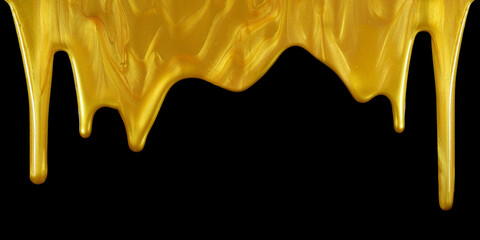 Top border of glittering shiny metallic gold paint flowing and dripping downward. Isolated on black. - 522875899
