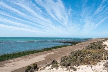 Fototapeta na wymiar Sandy beach and blue ocean water. Península Valdés, Argentina. 