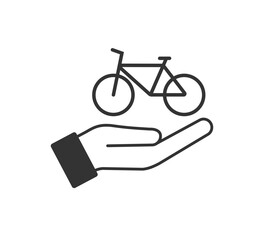Open palm and bike icon. Hand and bycicle symbol. Sign offer race vector.